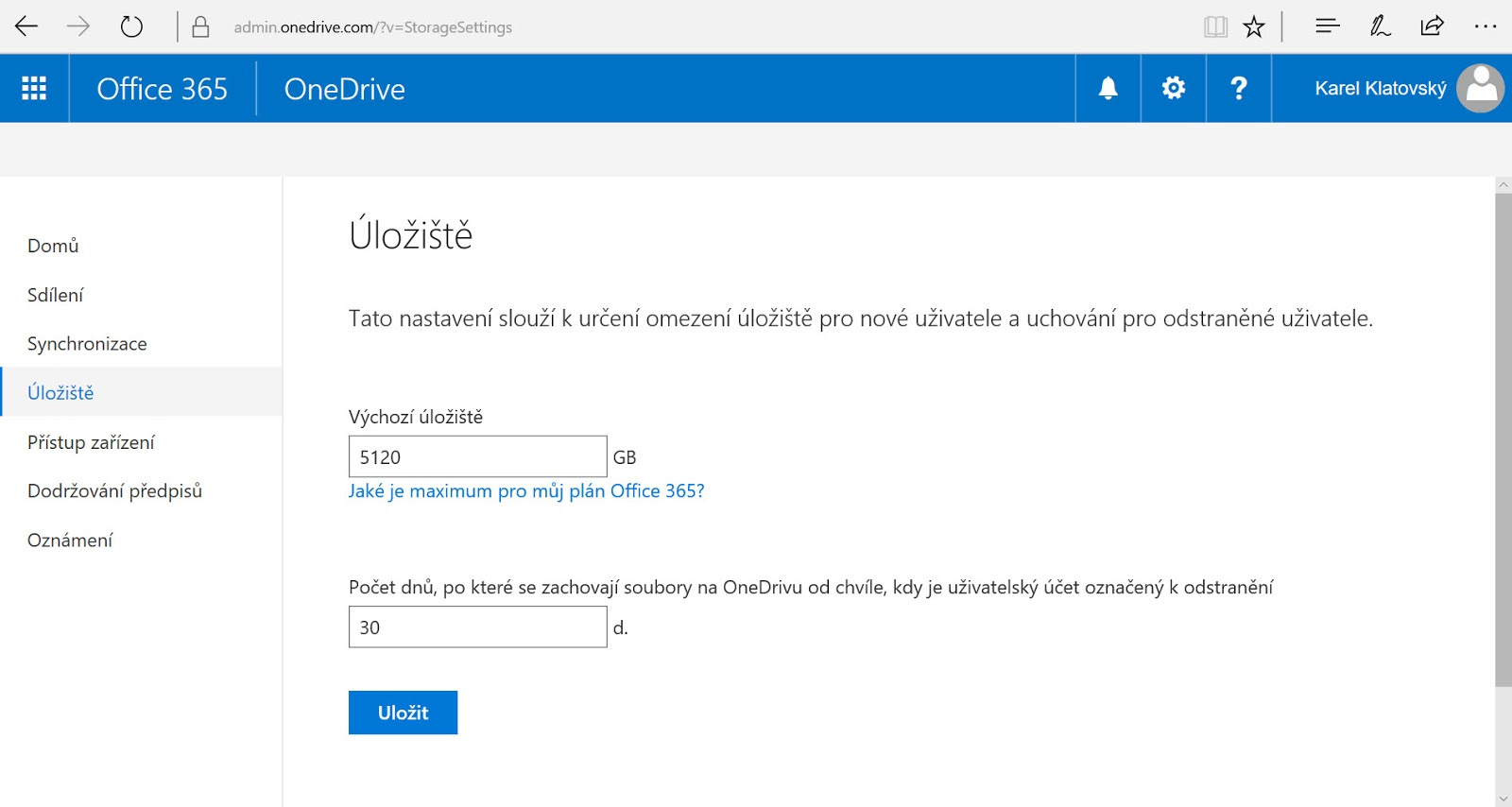 Nastavení kapacity OneDrive úložiště v administračním centru